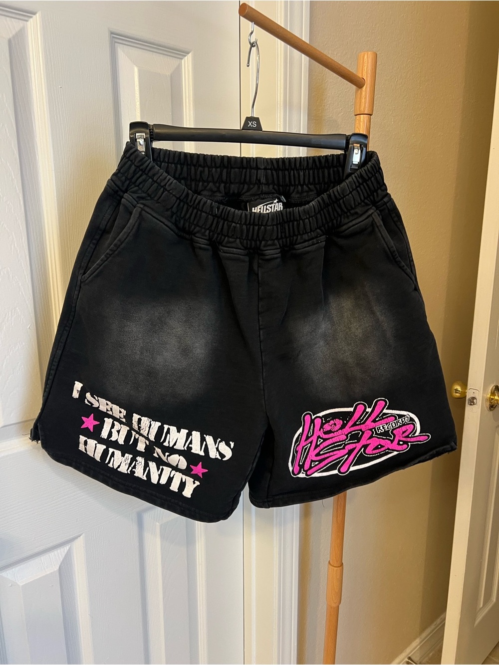 Black Graphic Athletic Men’s Shorts with Pink Accents
